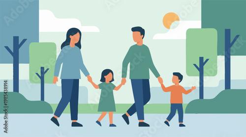 Family with two children walking outdoors in a park holding hands