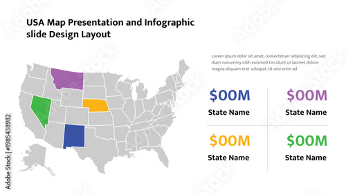 United States map infographic for presentation slide showcasing highlighted states with data