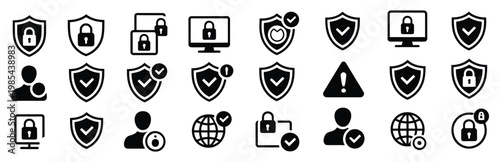 Collection of security icons representing various aspects of online safety and data protection, digital security symbols, secure access and authentication icons, data privacy concept