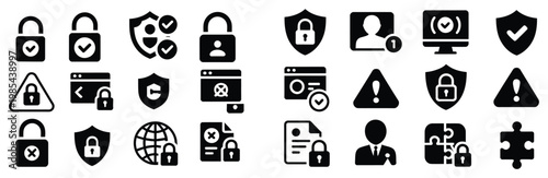Collection of security icons representing various aspects of online safety and data protection, cybersecurity symbols, encryption and firewall graphics, privacy protection elements