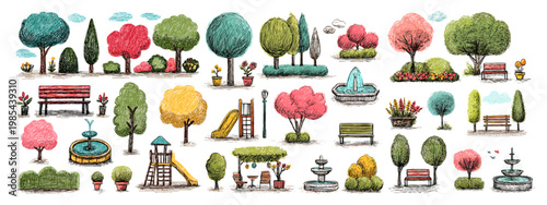 Crayon park elements. City garden kids drawing set, bench flowerbed playground slide autumn trees hedge flowers fountain hand drawn summer landscape isolated vector illustration