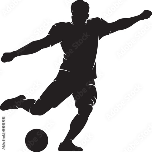Black silhouette soccer player kicking ball, sports icon, athletic motion, football vector