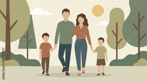 Happy family of four walking together in a park, minimalist illustration