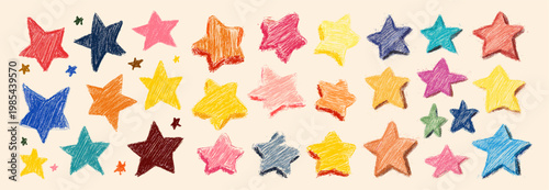Crayon stars. Colorful star child drawing, school scribble pencil art color crayons abstract shapes kids doodle hand drawn paint sketch collage set isolated vector illustration