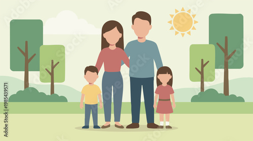 Happy family illustration standing together in a park with trees and sun