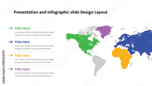 World map infographic slide displaying colored continents and associated information text blocks