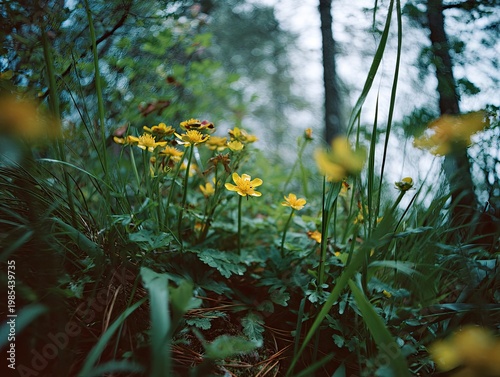 Lush meadow with vibrant yellow flowers, green grass, and trees in background