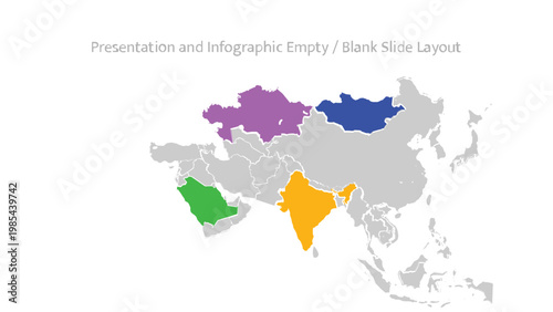 Asian map with highlighted countries alongside a blank presentation infographic slide layout