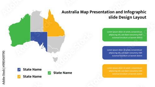 Australia map infographic highlighting states and regions for presentation slide layout