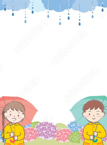 傘をさすレインコートの子供たちと紫陽花のフレーム