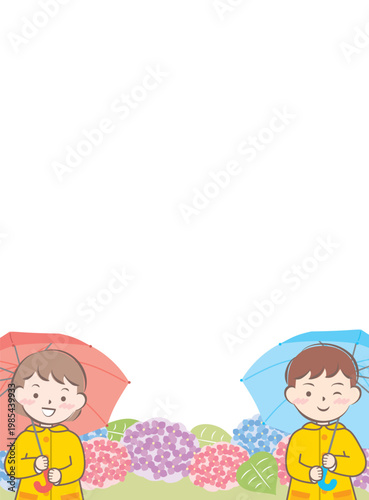 傘をさすレインコートの子供たちと紫陽花のフレーム