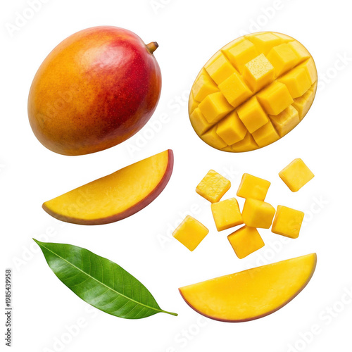A vibrant mango with sliced and diced pieces alongside a leaf on transparent background