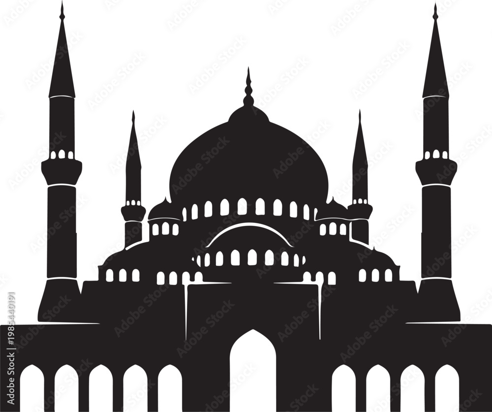 Obraz premium Mosque silhouette, Islamic architecture, black vector icon, religious building