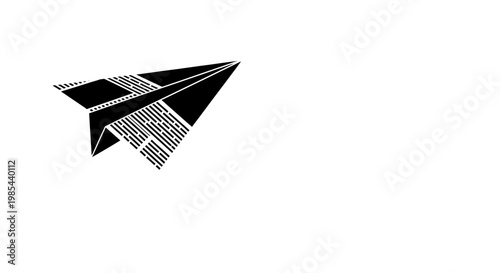 A stylized black and white illustration of a paper airplane in mid flight