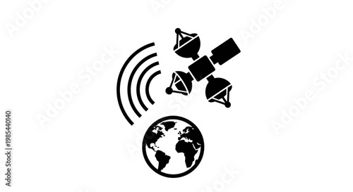 A black and white illustration of a satellite orbiting the Earth with signal waves emanating from it