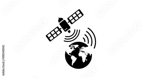A black and white illustration of a satellite orbiting the Earth with signal waves.
