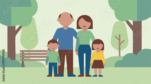 Family of four standing together in a minimalist park illustration