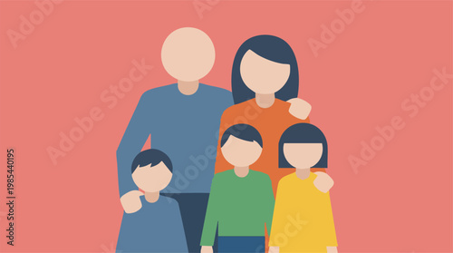 Minimalist flat design illustration of a happy family of five