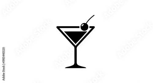 A simple black and white illustration of a martini glass with an olive garnish