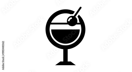 A simple black and white illustration of a cocktail glass with a cherry garnish