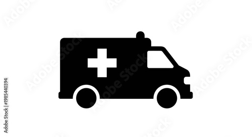 A black and white illustration of an ambulance on a plain background