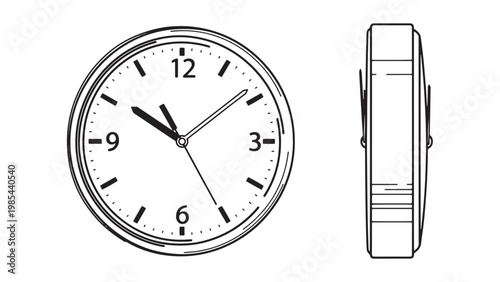 Detailed Line Art Illustration of a Classic Round Wall Clock, Displaying Both Front and Side Views, with Hands Indicating Nearly Eleven O'clock.