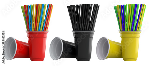 Multiple colorful plastic straws arranged in plastic cups isolated on white background, symbolizing party beverages