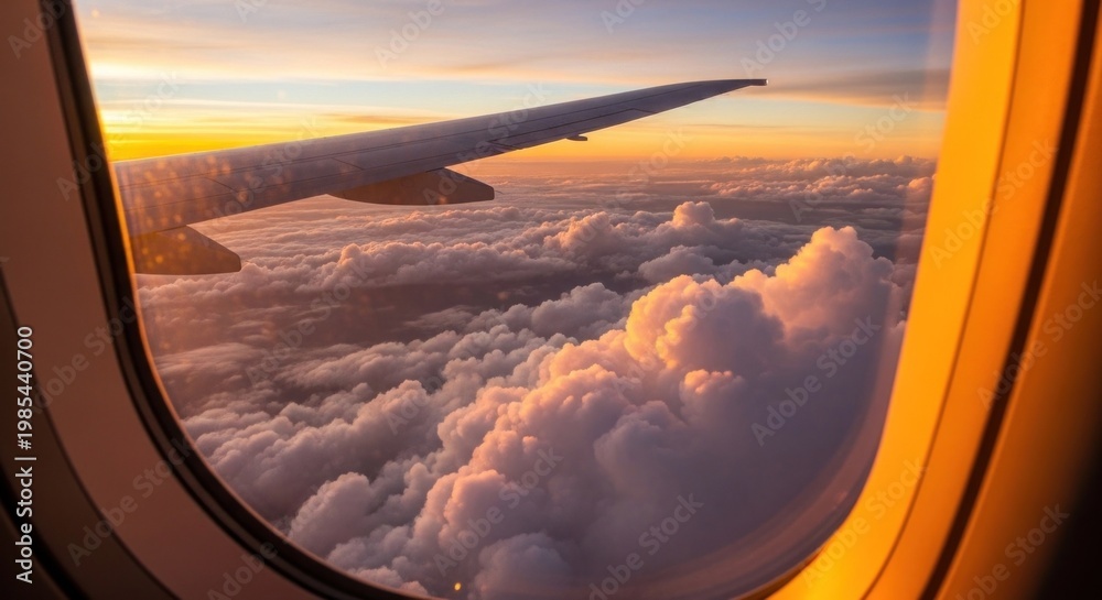 Fototapeta premium A view from an airplane window, showcasing a wing and clouds during sunset.