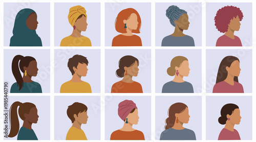 Collection of diverse women's profiles, various hairstyles, and skin tones