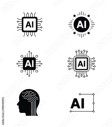 Artificial intelligence chip icons set circuit board brain silhouette and text AI concept technology digital innovation futuristic.