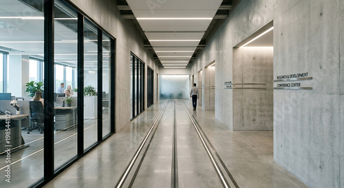 A man walks down a modern office hallway with concrete walls and glass-enclosed offices. 