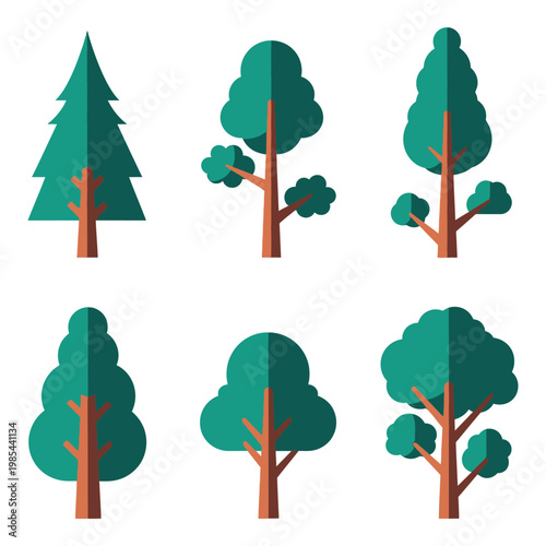 Set of six different green trees with brown trunks and branches  various shapes icon
