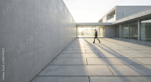 A lone figure walks across a sun-drenched patio in front of a modern concrete building, casting long shadows.