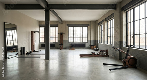 A spacious, industrial-style gym with large windows and exposed beams, featuring various workout equipment 
