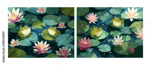 Frogs in pond. Toads sitting on lilies leaf, frog lotus flowers swamp plants wild nature cartoon background toad bullfrog green amphibian spring summer lake vector illustration