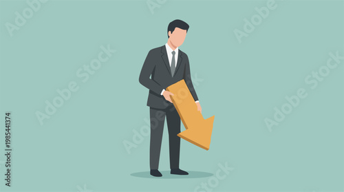 Businessman holding a large downward arrow symbolizing financial decline