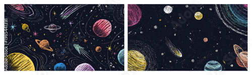 Galaxy space crayon background. Universe cosmos night sky planets stars, child chalk hand drawn school astronautics astrophysics science blackboard pencil art vector illustration