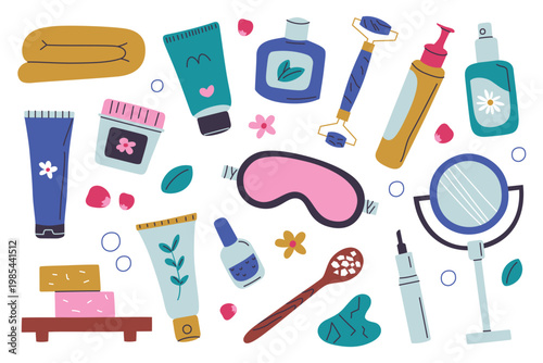 Skincare clipart set with bright flat cartoon face and body care products, cream jars, tubes, lotion and serum bottles, eye mask, gua sha, roller, and handmade soap. Beauty routine vector illustration