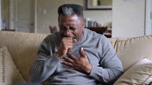 A tired middle-aged Black man in a grey sweater coughs while sitting relaxed on a couch inside a comfortable home living room
