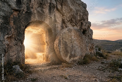 Empty Tomb at Sunrise – Resurrection and Easter Faith Concept