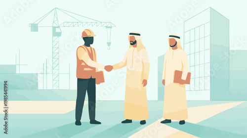 Businessmen and construction worker shake hands at building site