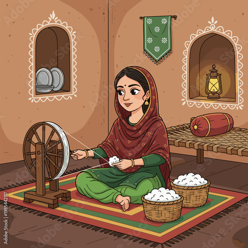 Woman in red shawl spinning yarn with traditional wooden wheel