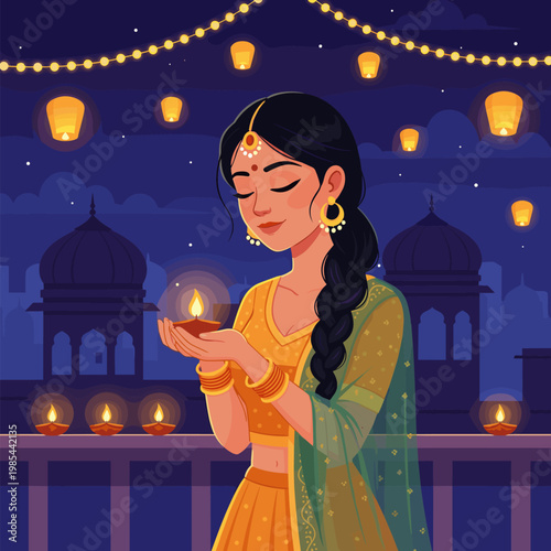 Woman in traditional indian saree holding a diya with festive lights
