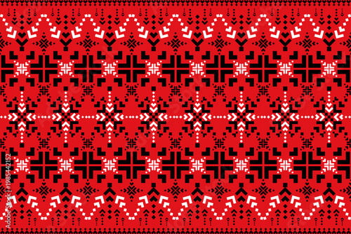 Bold red, black, and white geometric textile pattern inspired by traditional weaving. Perfect for ethnic fabric design, folk art, and cultural decoration.