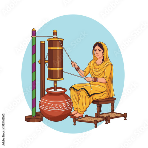 Woman in yellow saree spinning thread with traditional charkha