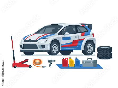 Rally car service illustration showing vehicle maintenance with essential tools, spare tires, and fluids at a pit stop.