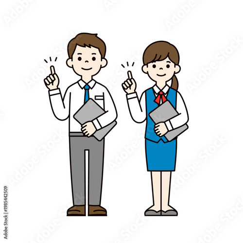 パソコンを片手に持ってポイントを説明する、男女の会社員の全身ベクターイラスト素材セット