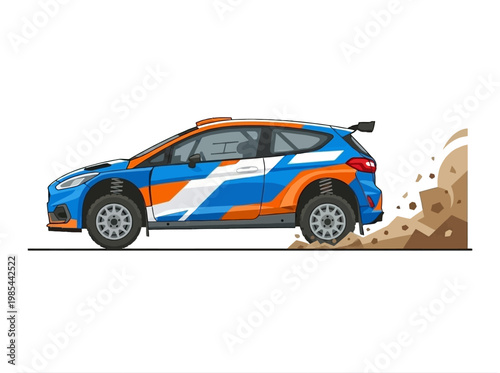 Dynamic side view illustration of a vibrant rally car kicking up a cloud of dust on an off-road track, capturing fast-paced racing action.