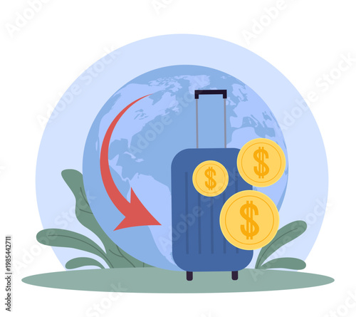Salary and benefits. Moving abroad, returning to homeland, repatriation and emigration, globe travel budgeting, international journey, suitcase with coins vector cartoon isolated concept
