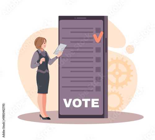 Remote voting. Vote counting online, candidate selection, list of applicants, woman with tablet near smartphone, online election process, mobile technology vector cartoon isolated concept